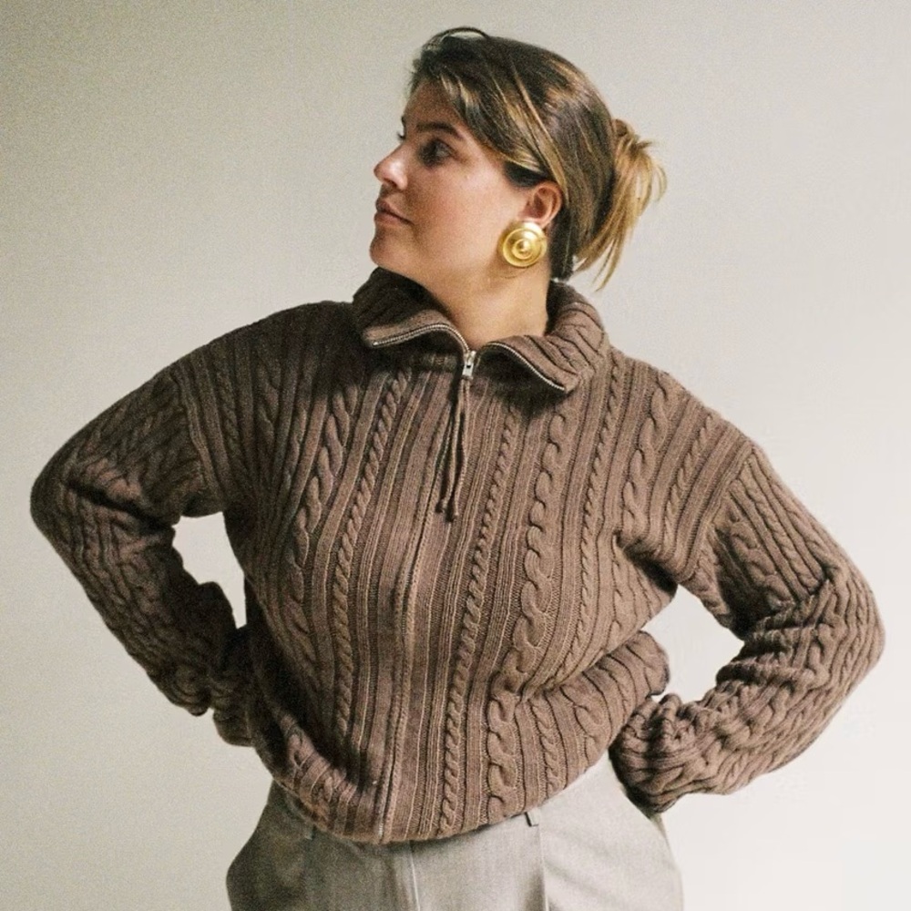 Djerf Avenue Brown Cable Knit Half-Zip Sweater